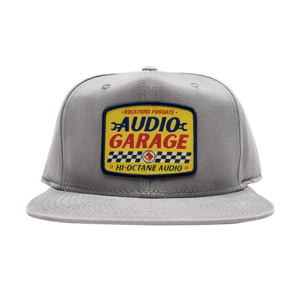 Front Side View of Grey Rockford Fosgate Hat with Audio Garage Graphic