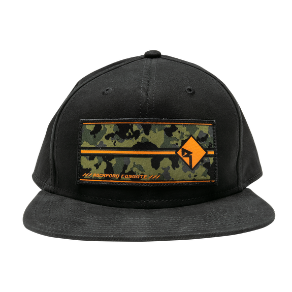 Front View of Black Rockford Fosgate Hat with Camo RF Graphic